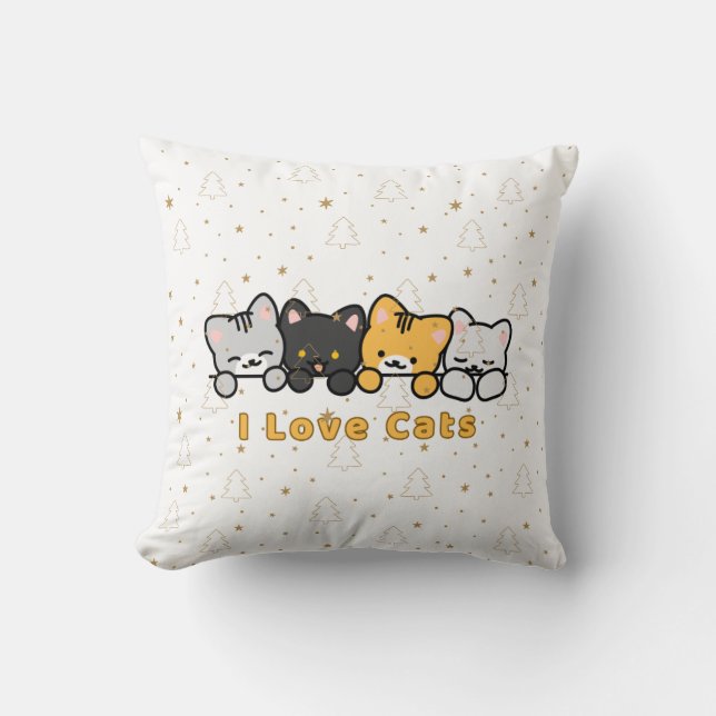 Söt kattillustration Jag älskar katter Kawaii seri Kudde (Framsida)