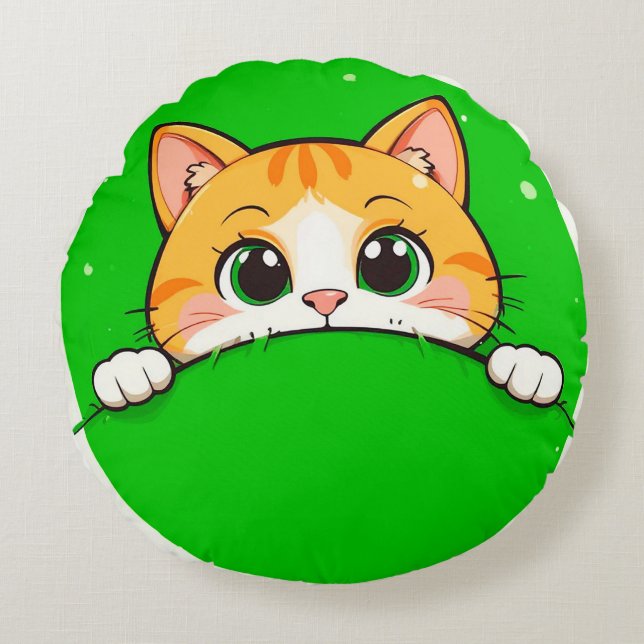 Söt kattillustration rund kudde (Framsidan)