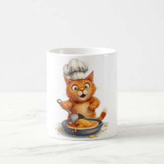 Söt kattkock gör pannkakor  kaffemugg
