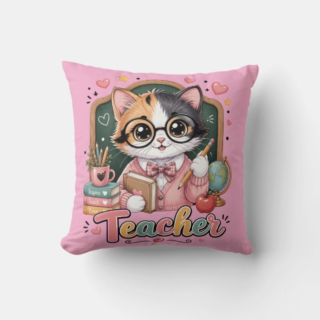 Söt kattlärare rosa kastkuddar kudde (Framsida)