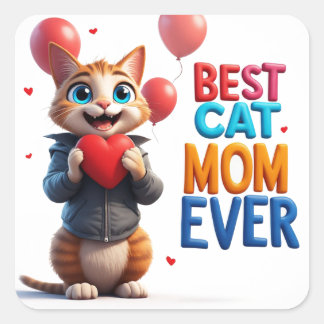 Söt Kattmamma Kisse Med Stora Ögon 🐱 Fyrkantigt Klistermärke