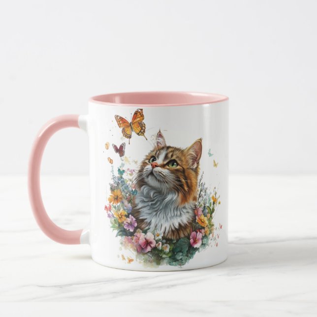Söt kattmugg med blommig och fjärilsdesign mugg (Vänster)