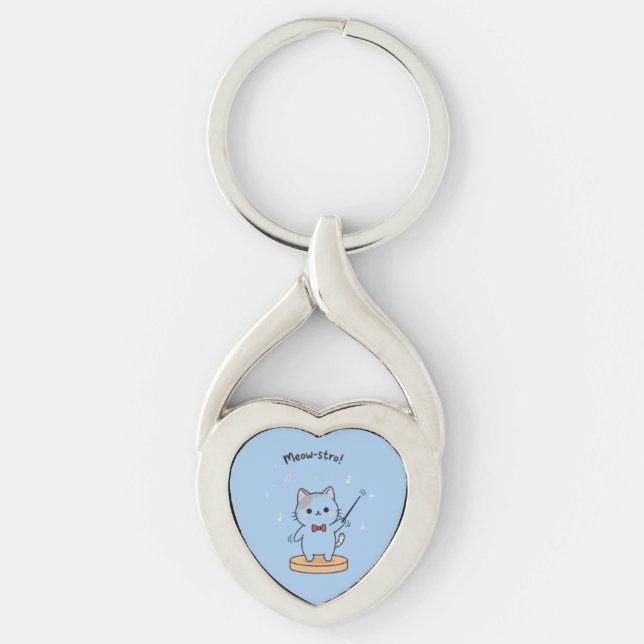 Söt kattorkesterdirigent  twisted heart silverfärgad nyckelring (Framsidan)