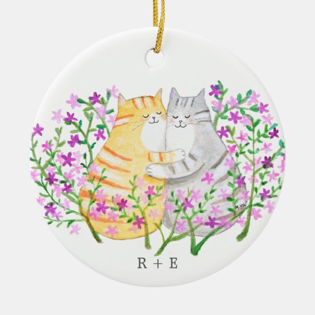 Söt kattpar blommor anpassad initial namn år  julgransprydnad keramik (Framsidan)