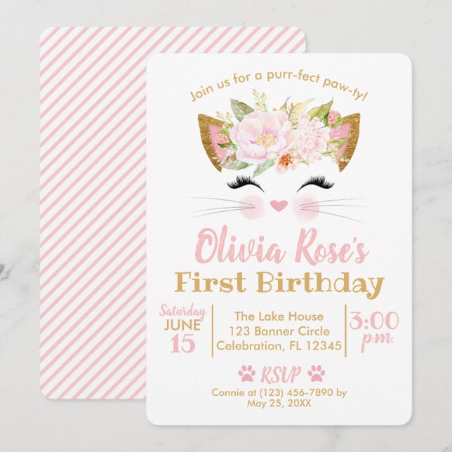 SÖT KATTUNGE Girl Cat Birthday Inbjudningar (Fram/baksida)