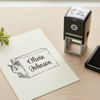 Söt kattunge i en väska Namnteckningsstämpel Självfärgande Stämpel