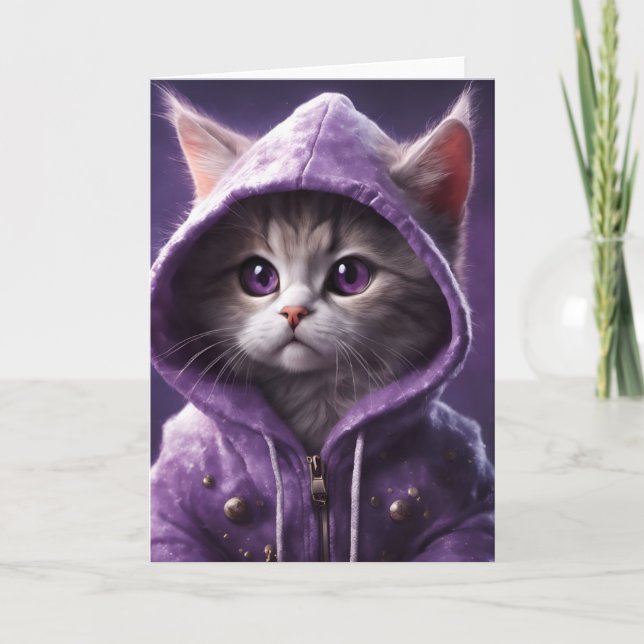 Söt Kattunge i ett Lila Hoodie Tillfällen Card Kort (Framsida)