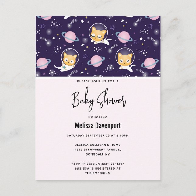 Söt kattunge katt-astronautmönster baby shower vykort (Framsida)