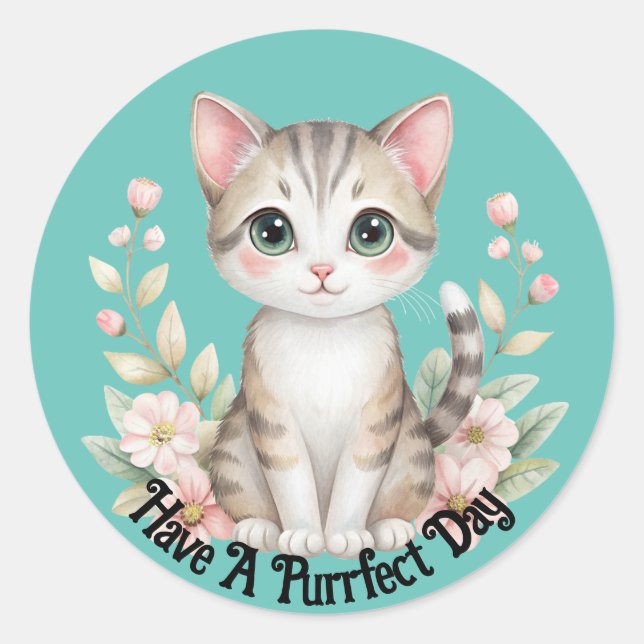 Söt Kattunge Med Blommor Dekal Runt Klistermärke (Framsida)