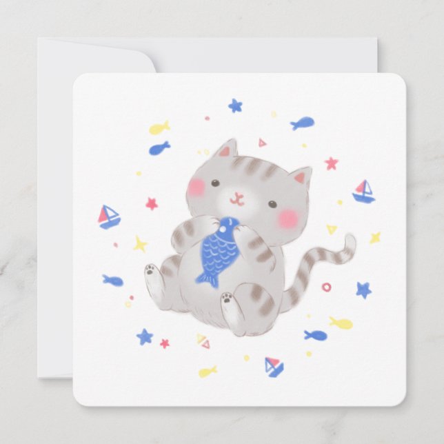 Söt kattunge med fisk i sommarillustration tack kort (Framsida)
