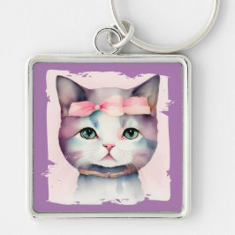 Söt Kattunge med nyckelkedjan Rosa fält Fyrkantig Silverfärgad Nyckelring