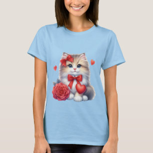Söt kattunge med röd ros och hjärta Kärleks konst T Shirt