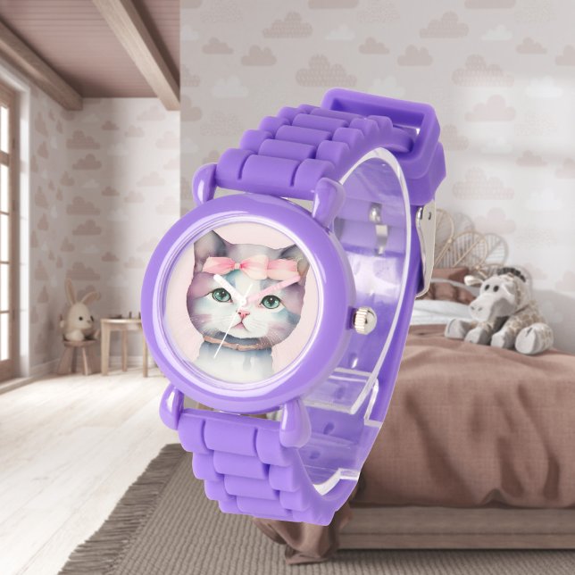 Söt Kattunge med Rosa Bow eWatch Watch Watch Armbandsur (Skapare uppladdad)