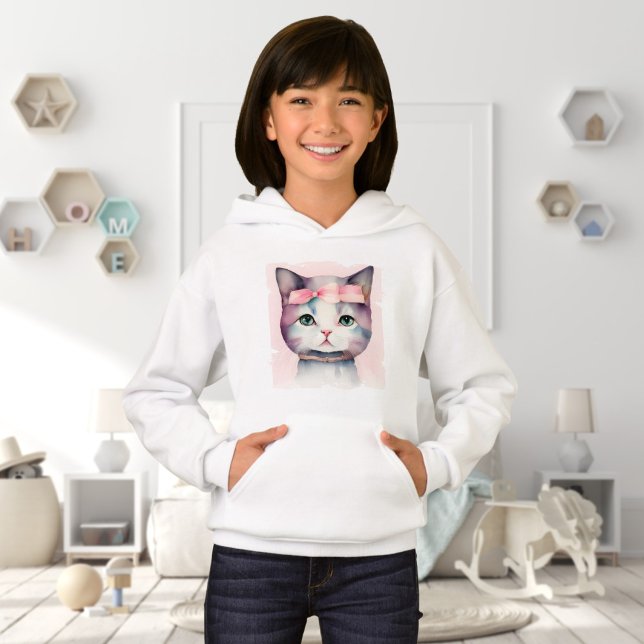 Söt Kattunge med Rosa Bow Hoodie T Shirt (Skapare uppladdad)