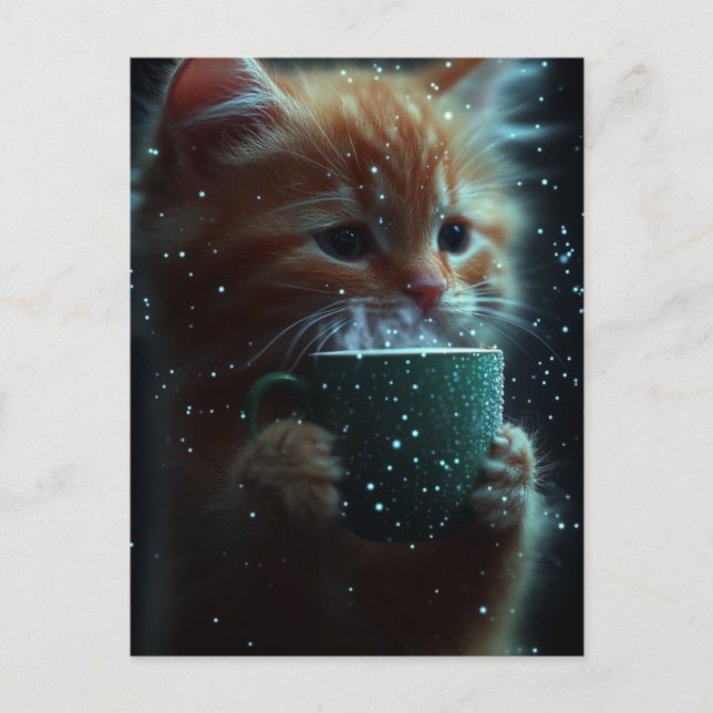 Söt kattunge njuter kaffekort vykort (Framsida)