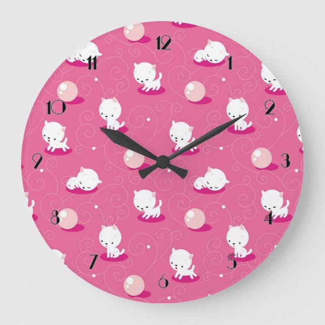 Söt Kattunge Rosa Kittens Mönster Wall Clock Stor Klocka (Framsida)