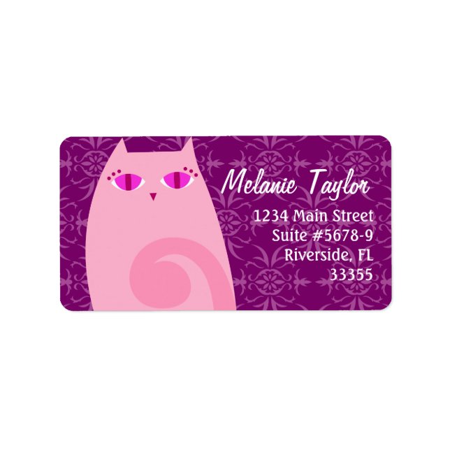 Söt Kattunge Rosa & Violet Label Adressetikett (Framsidan)
