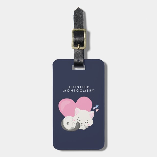 Söt Kattunge Sleeping med stort hjärta i ryggen Bagagebricka (Vertikal Framsida)