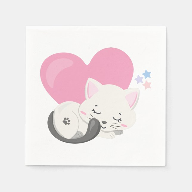 Söt Kattunge Sleeping med stort hjärta i ryggen Pappersservett (Framsidan)