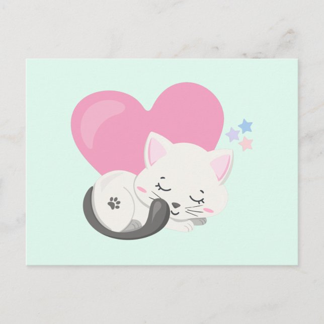 Söt Kattunge Sleeping med stort hjärta i ryggen Vykort (Framsida)