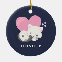 Söt Kattunge Sleeping med stort Rosa Heart Julgransprydnad Keramik