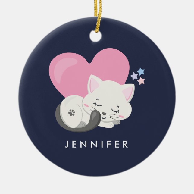 Söt Kattunge Sleeping med stort Rosa Heart Julgransprydnad Keramik (Framsidan)
