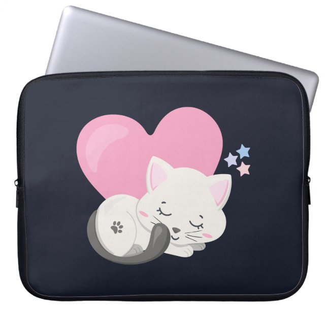 Söt Kattunge Sleeping med stort Rosa Heart Laptop Fodral (Framsidan)