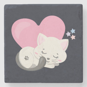 Söt Kattunge Sleeping med stort Rosa Heart Stenunderlägg