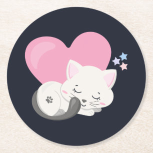 Söt Kattunge Sleeping med stort Rosa Heart Underlägg Papper Rund