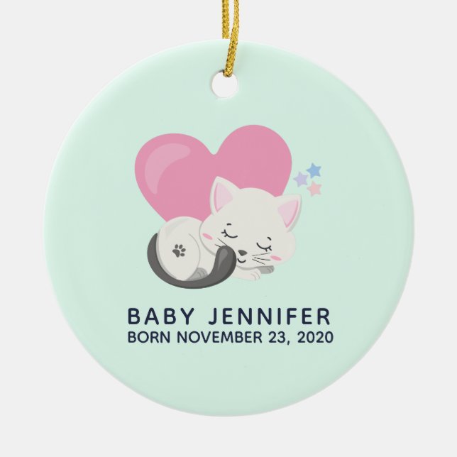 Söt Kattunge Sömpande med Heart Baby Birance Julgransprydnad Keramik (Framsidan)