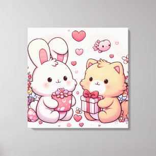 Söt Kawaii Alla Hjärtans Dag Kanin Björn Present Canvastryck
