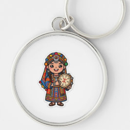 Söt Kawaii Amazigh Berber Kvinna Rund Silverfärgad Nyckelring