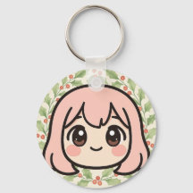 Söt Kawaii Anime Tjej Ansikte Nyckelring – Pastell