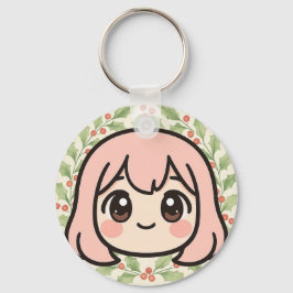 Söt Kawaii Anime Tjej Ansikte Nyckelring – Pastell