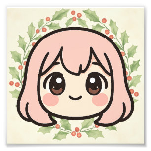 Söt Kawaii Anime Tjej Trä Vägkonst Fototryck