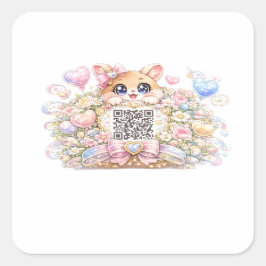 Söt Kawaii Anpassad QR-kod Katt Pastell Rosa Blomm Fyrkantigt Klistermärke