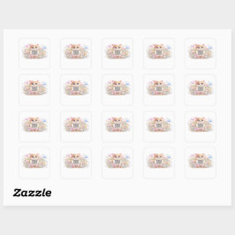 Söt Kawaii Anpassad QR-kod Katt Pastell Rosa Blomm Fyrkantigt Klistermärke