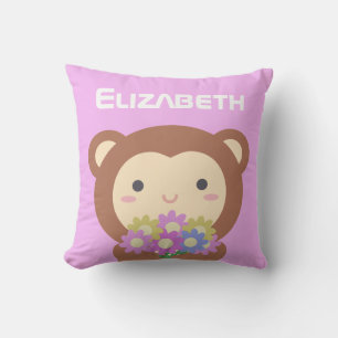 Söt Kawaii Apa med Blommor Kudde
