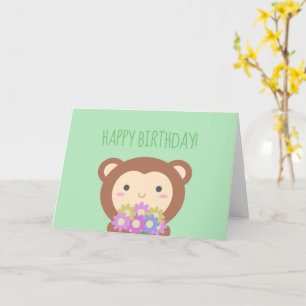 Söt Kawaii Apa och Blommor Grattis på Födelsedagen Kort