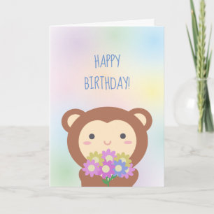 Söt Kawaii Apa och Blommor Grattis på Födelsedagen Kort
