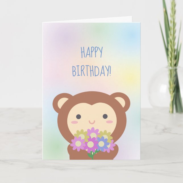 Söt Kawaii Apa och Blommor Grattis på Födelsedagen Kort (Framsida)