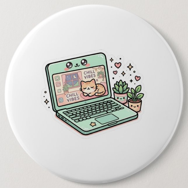 Söt Kawaii Avslappnad Stämning Dator Katt Krukväxt Knapp (Framsida)