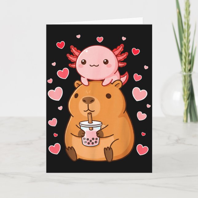 Söt Kawaii Axolotl Capybara Bubble Te Kille Brudar Kort (Framsida)