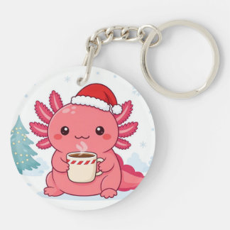 Söt Kawaii Axolotl Julkaffe Rund Nyckelring