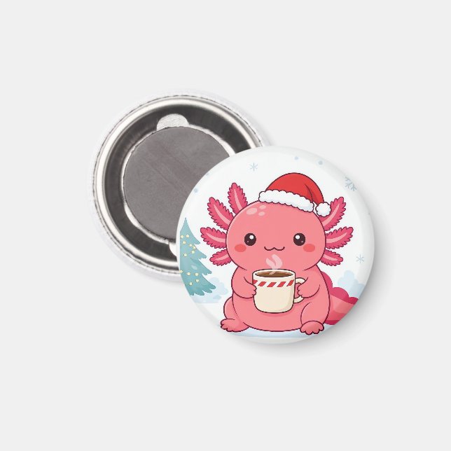 Söt Kawaii Axolotl Julkaffe Rund Nyckelring Magnet (Front/Back)