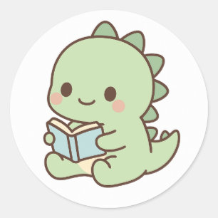 Söt Kawaii Baby-Dinosaur som Läsar en Bok Klisterm Runt Klistermärke