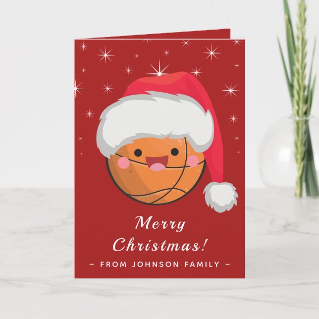 Söt Kawaii Basketboll Röd & Glittrande Xmas Kul Kort (Framsida)