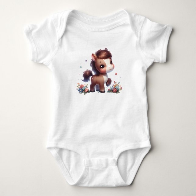 Söt Kawaii Bebis Poni med Blommor T Shirt (Framsida)