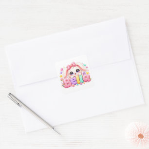 Söt Kawaii Bella Bunny Namn Pastell Rosa Blommig B Fyrkantigt Klistermärke