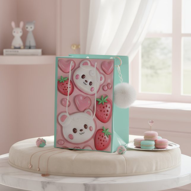 Söt Kawaii Björn & Jordgubbs Rosa Presentbag (Skapare uppladdad)